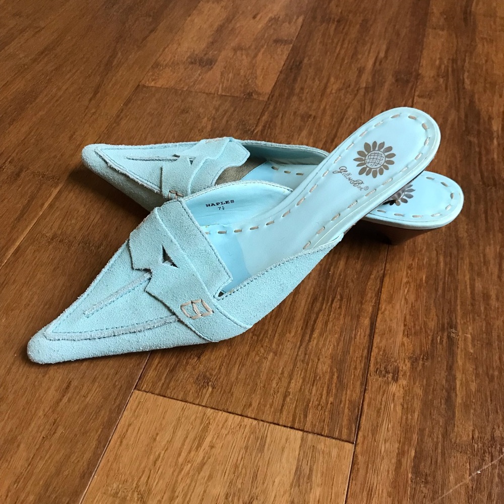 New Blue Suede Kitten Heel Mules